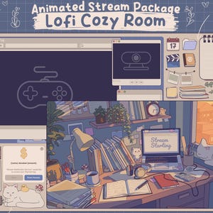 Może przedstawiać: Ilustracja przytulnego pokoju do streamowania, z laptopem, książkami i kotem. Tekst "Animated Stream Package Lofi Cozy Room" jest wyświetlany u góry. Obraz ma miękką, zachęcającą paletę kolorów.