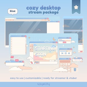 以下が含まれることがあります： 青とパステルカラーの「cozy desktop stream package」のデジタルイラスト。デザインには、ウィンドウ、メモ帳、「starting soon」画面など、さまざまなインターフェース要素が含まれています。「easy to use | customizable | ready for streamer & vtuber」というテキストも表示されています。