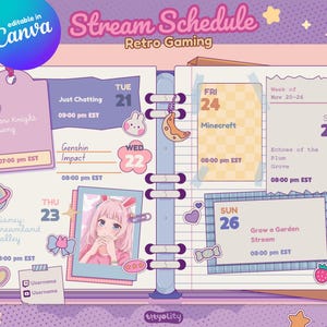 Peut inclure: Un planificateur d'horaire de diffusion pastel violet et rose avec le texte "Stream Schedule Retro Gaming". Le planificateur comprend des dates, des heures et des titres de jeux, avec des éléments décoratifs.