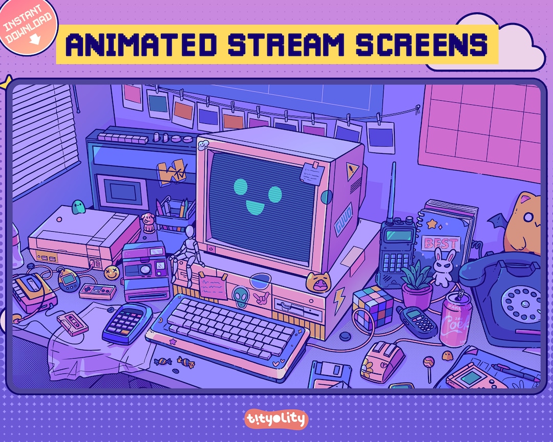 Stream Computer Frame Retro Retro Computer Animated Stream Screens: Purple Lofi Gamer Room (digital ...