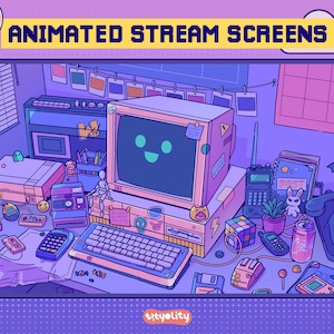 Op de afbeelding: Een retro-computerbureau met een monitor die een smiley-gezicht weergeeft, een toetsenbord, een muis en verschillende andere items, waaronder een telefoon, een cassettebandje, een gamecartridge en een Rubik's Cube. Het bureau is gedecoreerd in een paarse en blauwe kleurstelling.