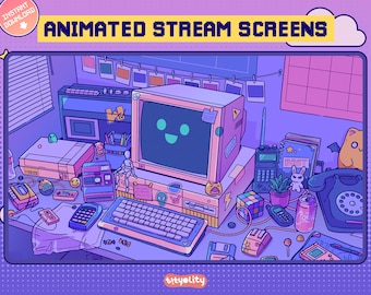 Animated Screens Retro Computer | Classic Gamer Room Purple LoFi vibes Twitch | Aesthetic Comic Gamer Room