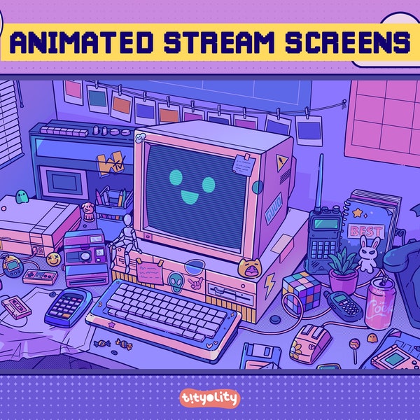 Écrans d'ordinateur rétro animés | Salle de jeux classique, ambiance LoFi violette Twitch | Salle de jeux esthétique comics