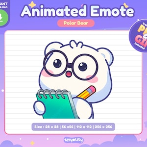 May include: Animated emote of a white polar bear wearing glasses and holding a green notebook and a yellow pencil. The bear has a surprised expression. The background is a light purple and pink gradient with white lines.