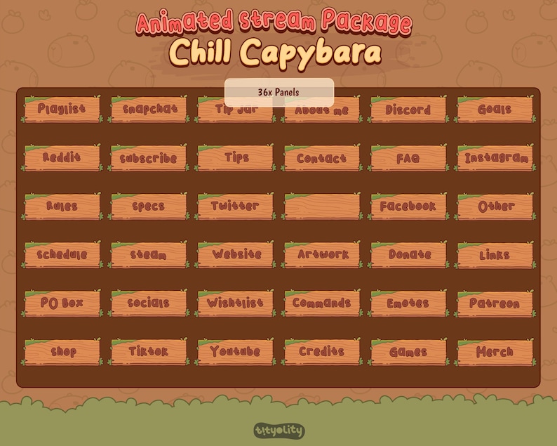 May include: An animated stream package titled "Chill Capybara" with 36 panels. The panels are brown with text such as "Playlist", "Subscribe", "Discord", and "Shop". The background is a light brown with capybara illustrations.