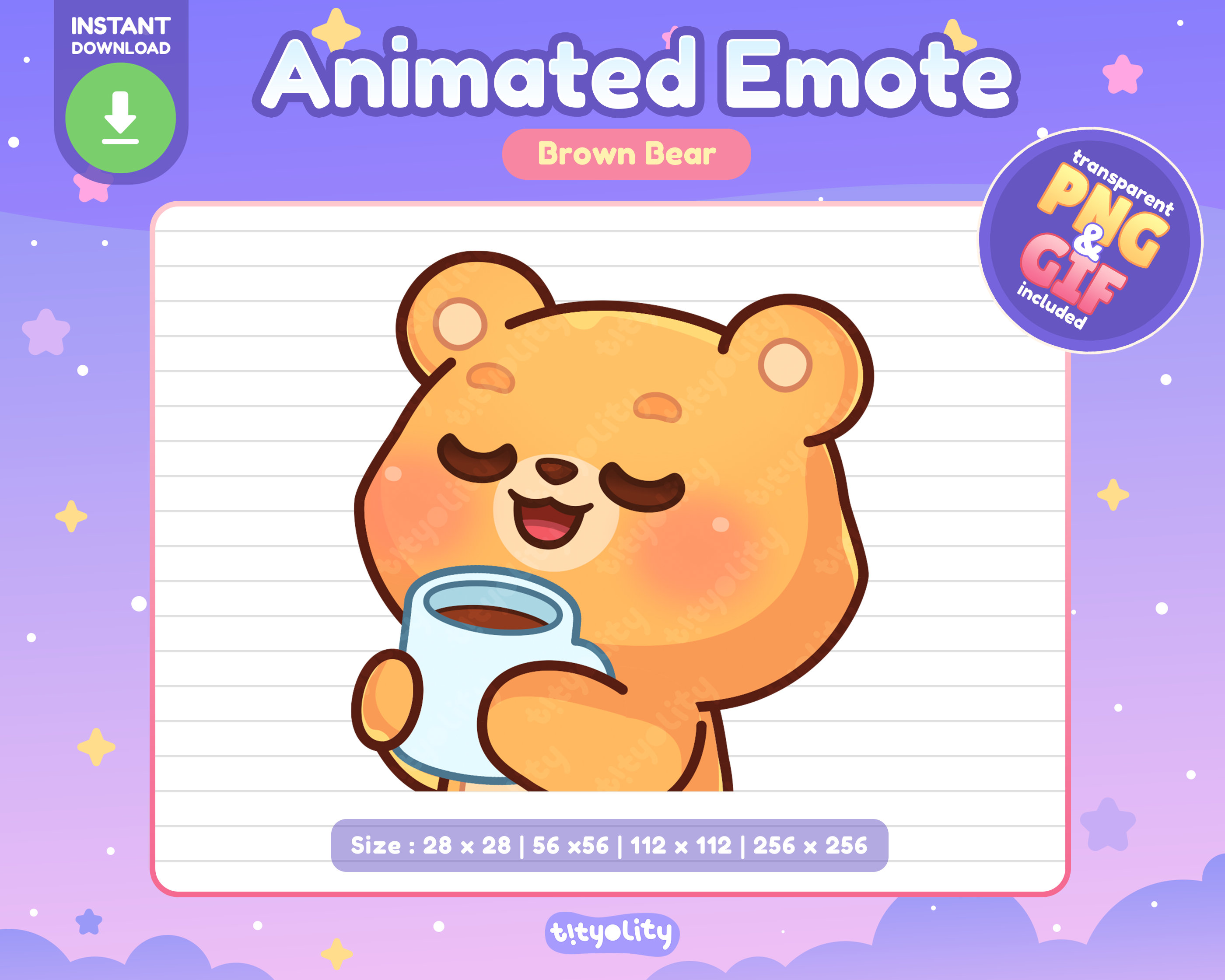 Cute Bear Animated Emote | Sip twitch emote| Kawaii Brown Bear Emoji for Twitch, Discord, Youtube
