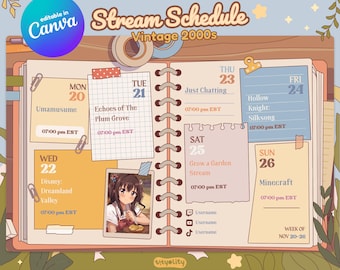 Stream Week Schedule | Vintage 2000s Stream Schedule Template for Canva | Cozy Retro Weekly Planner | Editable Gaming schedule template