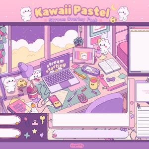 Puede incluir: Ilustración de un paquete de superposición de transmisión Kawaii Pastel. La imagen presenta un escritorio con una computadora portátil que muestra "stream starting", una tableta y varios accesorios lindos en una paleta de colores pastel. Incluye una ventana con vista al cielo nocturno.