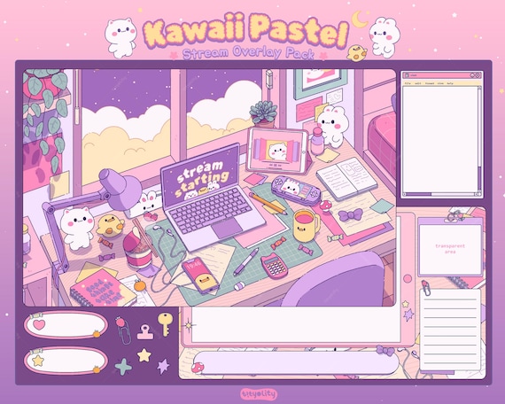 Kawaii Pastel Stream Overlay Pack: Bunny, Cat, Duck (Digital Download))