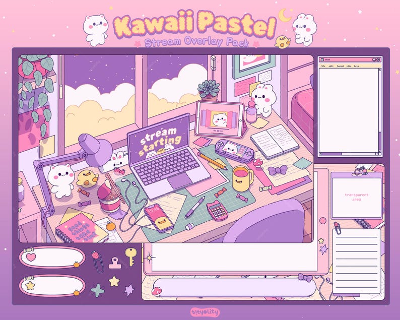 Peut inclure: Illustration d'un pack de superposition de flux Kawaii Pastel. L'image pr&eacute;sente un bureau avec un ordinateur portable affichant "stream starting", une tablette et divers accessoires mignons dans une palette de couleurs pastel. Comprend une fen&ecirc;tre avec une vue du ciel nocturne.