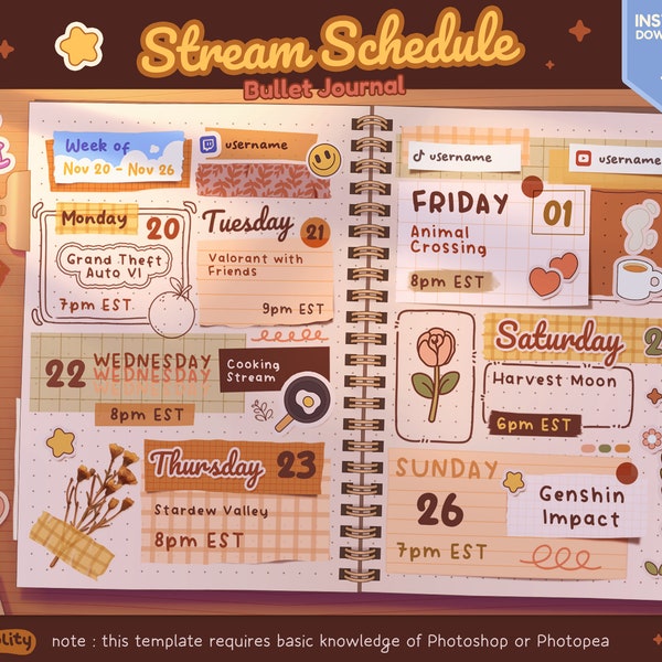 Anime Stream Ablaufplan | Stream Woche Spielplan | Ästhetischer Stundenplan Vorlage | Vtuber Inhalt Kalender | Bullet Journal Mockup | PSD Vorlage