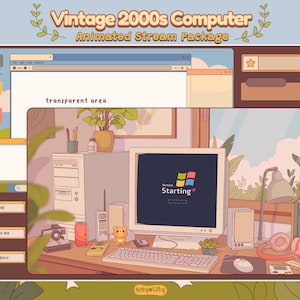 Pacote de sobreposição de computador vintage animado dos anos 2000 | Streamlabs Cottage Vintage Workstation Twitch Bundle