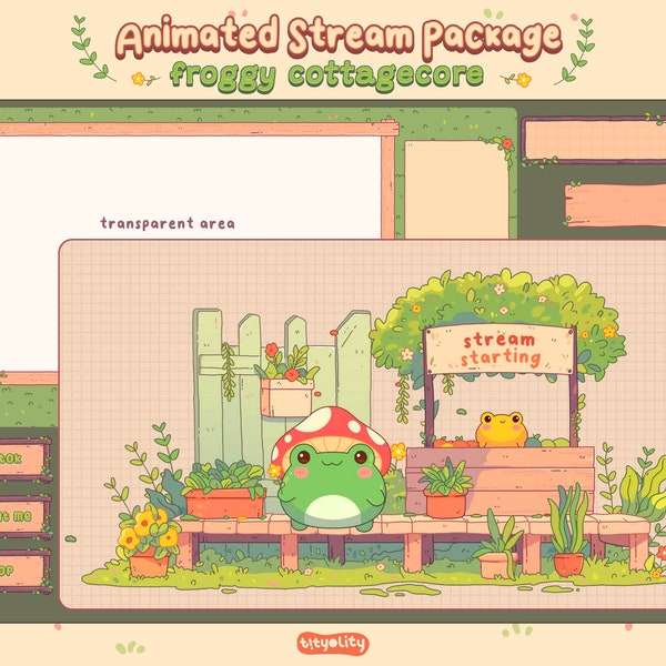 Superposition de grenouilles mignonnes animées | Ensemble de revêtement de jardin Froggy Cottagecore | Superposition Cosy Stream| Vtuber Friendly | Alerte Twitch | Streamlabs