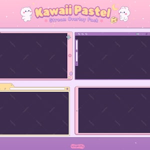 Peut inclure: Un pack de superposition de flux Kawaii Pastel avec un sch&eacute;ma de couleurs rose et violet. Le design comprend quatre diff&eacute;rentes mises en page d'&eacute;cran, chacune avec un fond violet fonc&eacute;. Le haut de l'image contient le texte "Kawaii Pastel Stream Overlay Pack" avec des personnages de dessins anim&eacute;s.