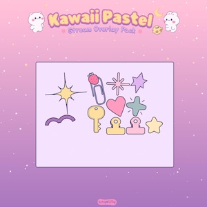 Peut inclure: Graphique Kawaii Pastel Stream Overlay Pack avec diverses ic&ocirc;nes aux couleurs pastel, notamment des &eacute;toiles, des c&oelig;urs, des cl&eacute;s et des trombones. Le fond est un d&eacute;grad&eacute; de rose et de violet avec des &eacute;toiles blanches et des personnages de dessins anim&eacute;s mignons.