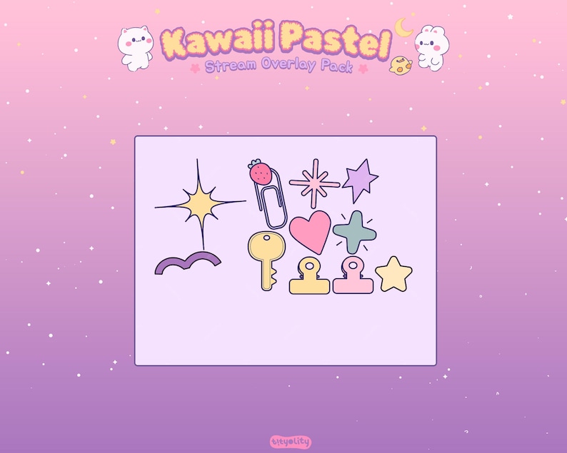 Peut inclure: Graphique Kawaii Pastel Stream Overlay Pack avec diverses ic&ocirc;nes aux couleurs pastel, notamment des &eacute;toiles, des c&oelig;urs, des cl&eacute;s et des trombones. Le fond est un d&eacute;grad&eacute; de rose et de violet avec des &eacute;toiles blanches et des personnages de dessins anim&eacute;s mignons.