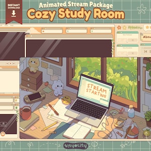 Può includere: Illustrazione digitale animata di un'accogliente sala studio, con un laptop che mostra "STREAM STARTING", cancelleria e una tazza. L'immagine include il testo "Animated Stream Package Cozy Study Room" e "Instant Download".