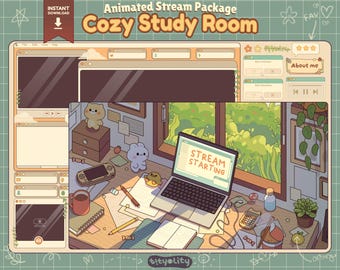 May include: An animated digital illustration of a cozy study room, featuring a laptop with "STREAM STARTING" on the screen, a mug, and stationery. The image includes the text "Animated Stream Package Cozy Study Room" and "Instant Download".