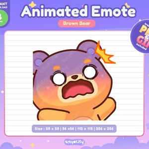 May include: Animated emote of a brown bear with a surprised expression. The bear has a purple and orange gradient colour scheme and a crown on its head. The emote is available in various sizes, including 28x28, 56x56, 112x112, and 256x256 pixels.