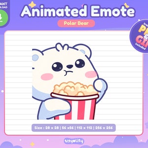 Niedlicher Eisbär Emote | Popcorn emote | Kleiner Eisbär Emoji für Twitch, Discord, Youtube, Kick | Gebrauchsfertiges GIF