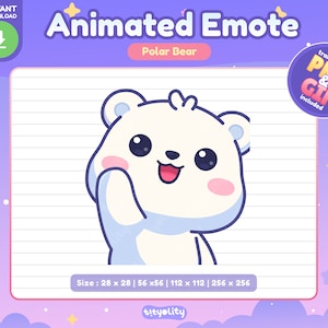 Emote animata orso polare carino / Emote saluto / Emoji ciao / Emoji piccolo orso polare per Twitch, Discord, Youtube, Kick / GIF pronta all'uso