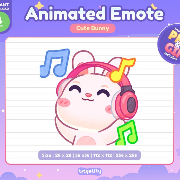 Süßer Hase Animiertes Emote | Musik Emote | Einklemmen | Kawaii weißes Kaninchen Emoji für Twitch, Discord, Youtube