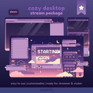 May include: A digital art illustration of a cozy desktop stream package in shades of purple, pink, and white. The design includes various interface elements, such as browser windows, a notepad, and a "Starting Soon" screen. The text "cozy desktop stream package" is displayed at the top.