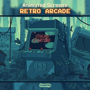 Könnte beinhalten: Eine digitale Illustration eines Retro-Spielautomaten in einer Waldumgebung mit dem Text "Animated Screens RETRO ARCADE" oben und "STREAM STARTING" auf dem Bildschirm. Die Szene zeigt überwucherte Pflanzen, Ranken und Pilze.