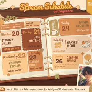 Cottagecore Stream Schedule | Stream Week Schedule | Cute Cat Schedule Template | Vtuber Content Calendar | PSD Template