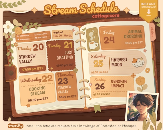 Cottagecore Stream Schedule Template | Cute Cat Vtuber Content Calendar (PSD)