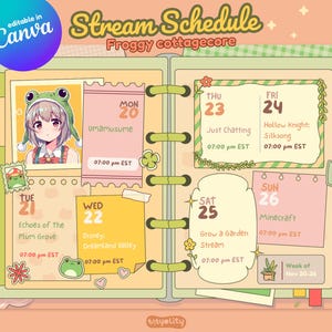 Peut inclure: Un emploi du temps de diffusion numérique sur le thème de la grenouille. L'emploi du temps comprend le texte "Stream Schedule Froggy cottagecore" et les jours de la semaine avec les heures et les titres des flux. L'image a une palette de couleurs orange clair et verte.