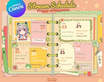 Stream Woche Spielplan | Froggy Cottagecore Stream Spielplan | Niedliche Stundenplan Vorlage | Bearbeitbare Spielzeitplanvorlage