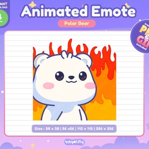 Op de afbeelding: Geanimeerde emote van een witte ijsbeer met roze wangen, staand voor oranje en rode vlammen. De emote is beschikbaar in verschillende formaten, waaronder 28x28, 56x56, 112x112 en 256x256 pixels.