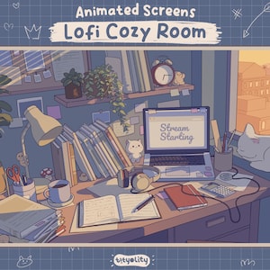 Pode incluir: Uma ilustração digital animada de um espaço de trabalho de secretária intitulada Animated Screens Lofi Cozy Room. A cena mostra um portátil com o texto Stream Starting, livros, um candeeiro, uma caneca, auscultadores e um gato.