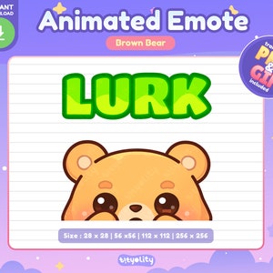 Puede incluir: Emoticono animado de un oso marrón asomándose detrás del texto verde "LURK". El emoticono está disponible en varios tamaños, incluyendo 28x28, 56x56, 112x112 y 256x256 píxeles.