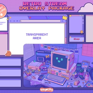 Pacote de sobreposição de computador retrô animado | Pacote Twitch Streamlabs Purple Classic vibes | Modelo de sala de jogos de quadrinhos estéticos Streamelements
