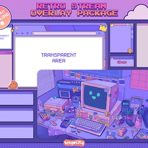 Animated Retro Computer Overlay Package | Streamlabs Purple Classic vibes Twitch Bundle | Aesthetic Comic Gamer Room Streamelements template