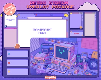 Animated Retro Computer Overlay Package | Streamlabs Purple Classic vibes Twitch Bundle | Aesthetic Comic Gamer Room Streamelements template