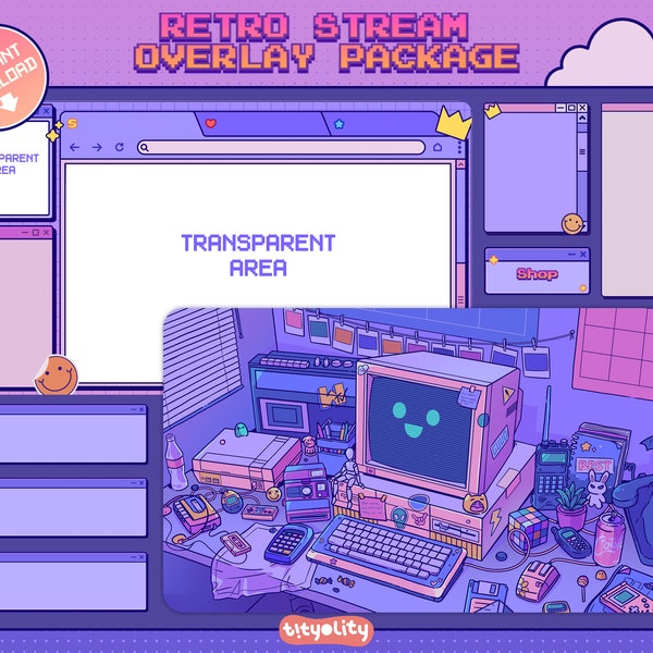 Animated Retro Computer Overlay Package | Streamlabs Purple Classic vibes Twitch Bundle | Aesthetic Comic Gamer Room Streamelements template