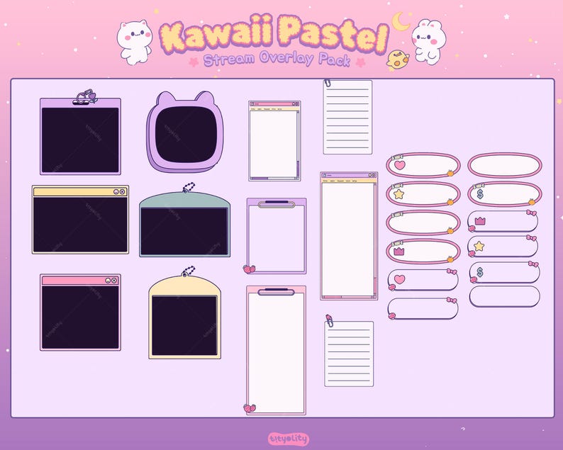 Peut inclure: Un pack de superposition de flux Kawaii Pastel avec divers &eacute;l&eacute;ments. Comprend des cadres rectangulaires et de formes uniques, du papier &agrave; lettres et des bulles de dialogue d&eacute;coratives avec des ic&ocirc;nes. Le design pr&eacute;sente une palette de couleurs pastel douces avec des personnages de dessins anim&eacute;s mignons.