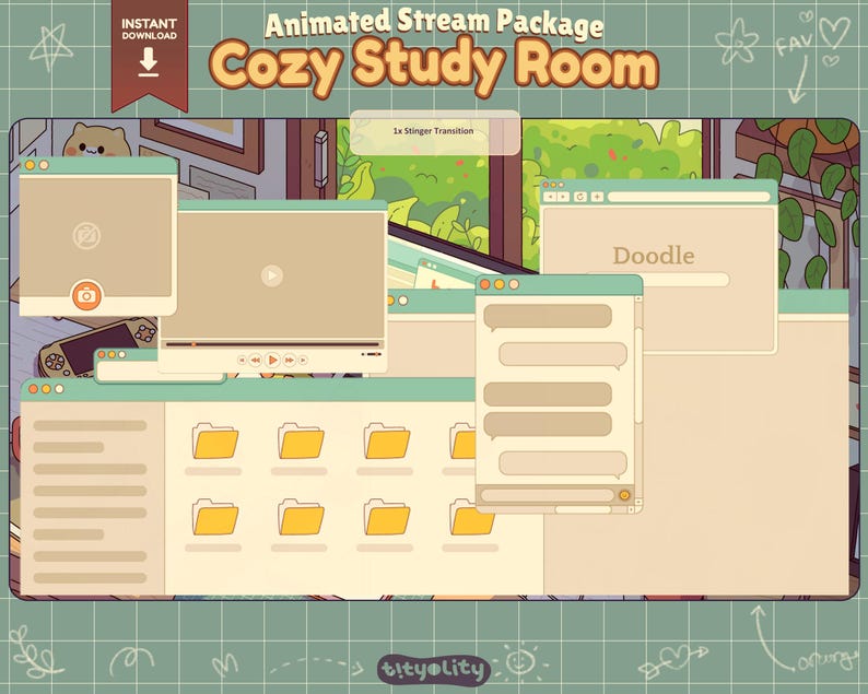 Stinger Transition Stream Package Cozy Pastel Twitch Overlay, Cute Kawaii Starting Soon Screen with Chat Box