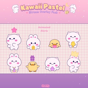 Peut inclure: Pack de superposition de flux Kawaii Pastel avec des alertes anim&eacute;es. L'image pr&eacute;sente des animaux de dessins anim&eacute;s mignons, dont des ours, des lapins et un canard, chacun tenant divers objets comme une &eacute;toile, de l'argent, un cadeau, un &eacute;clair, une couronne et un livre. Le fond est un d&eacute;grad&eacute; rose et violet.