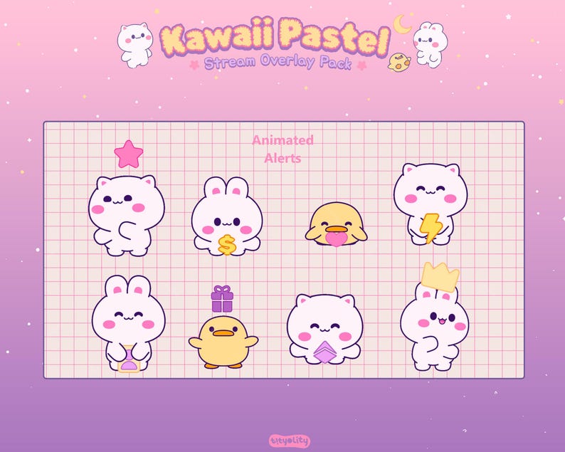 Peut inclure: Pack de superposition de flux Kawaii Pastel avec des alertes anim&eacute;es. L'image pr&eacute;sente des animaux de dessins anim&eacute;s mignons, dont des ours, des lapins et un canard, chacun tenant divers objets comme une &eacute;toile, de l'argent, un cadeau, un &eacute;clair, une couronne et un livre. Le fond est un d&eacute;grad&eacute; rose et violet.