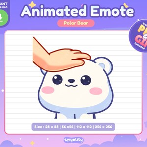 May include: Animated emote of a white polar bear with blue accents. The bear has large, round eyes and a pink nose. A hand is gently petting the bear's head. The emote is available in various sizes, including 28x28, 56x56, 112x112, and 256x256 pixels.