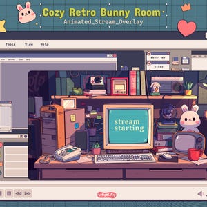 Puede incluir: Una superposición de transmisión digital titulada Cozy Retro Bunny Room que muestra un escritorio con un monitor que muestra el texto stream starting, un teclado, un ratón, un teléfono, un pequeño conejo y varios artículos de oficina retro.