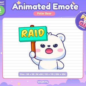 May include: Animated emote of a white polar bear holding a sign that says "RAID" in yellow letters on a teal background. The bear has a pink nose and cheeks, and is shouting with its mouth open. The emote is available in various sizes, including 28x28, 56x56, 112x112, and 256x256 pixels.