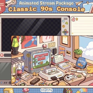 May include: An animated stream package featuring a classic 90s console theme. The layout includes a large screen frame, a chat box, and a detailed illustration of a retro gaming desk with a television displaying "STARTING SOON" text.