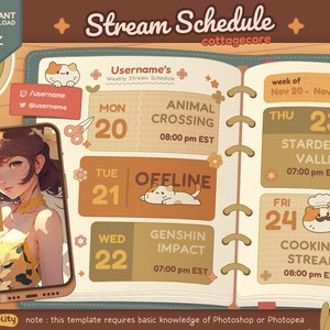 Stream Week Schedule | Cottagecore Stream Schedule | Cute Cat Schedule Template | Vtuber Content Calendar | PSD Template