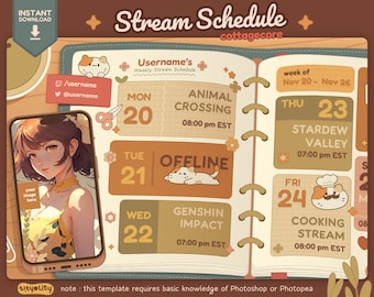 Stream Week Schedule | Cottagecore Stream Schedule | Cute Cat Schedule Template | Vtuber Content Calendar | PSD Template