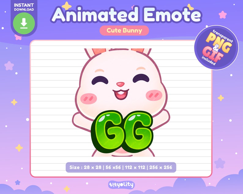 May include: Animated emote of a cute white bunny holding a green "GG" sign. The bunny has pink cheeks and is smiling. The background is a lined notebook page with a purple and pink gradient.